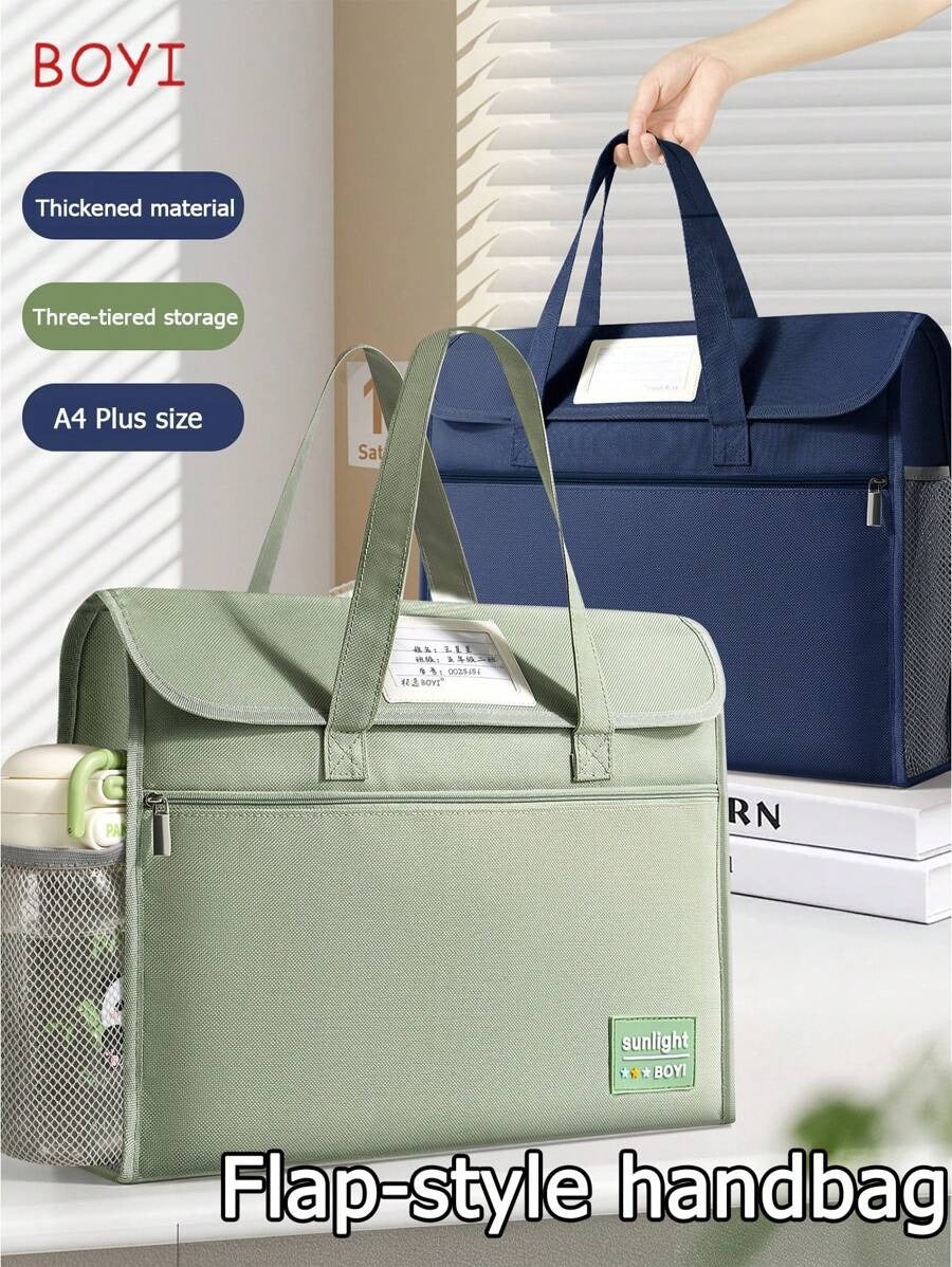 Borsa a mano con chiusura a scatto, borsa a tracolla con patta e chiusura a strappo per studenti, grande capacità multi-strato spessa cartella formato A4, adatta per scuola