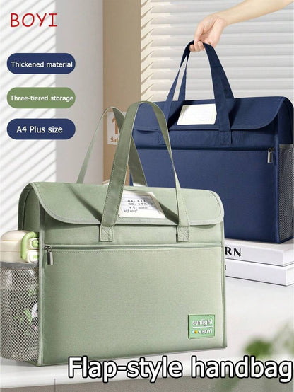 Borsa a mano con chiusura a scatto, borsa a tracolla con patta e chiusura a strappo per studenti, grande capacità multi-strato spessa cartella formato A4, adatta per scuola