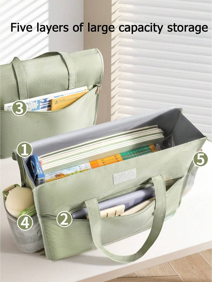 Borsa a mano con chiusura a scatto, borsa a tracolla con patta e chiusura a strappo per studenti, grande capacità multi-strato spessa cartella formato A4, adatta per scuola