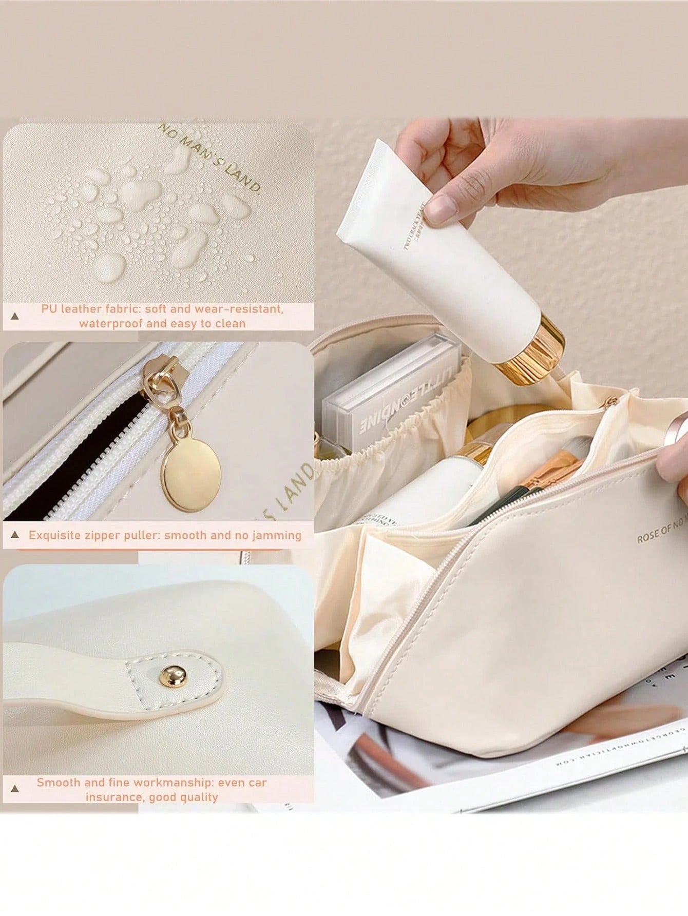 Borsa cosmetica impermeabile in PU, borsa cosmetica da viaggio di grandi dimensioni, borsa porta cosmetici portatile con compartimenti e manici, adatta per cosmetici