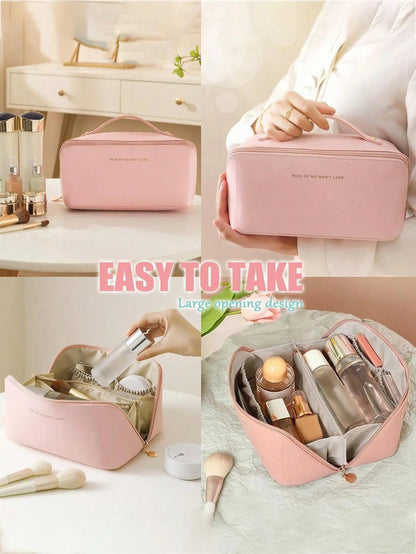 Borsa cosmetica impermeabile in PU, borsa cosmetica da viaggio di grandi dimensioni, borsa porta cosmetici portatile con compartimenti e manici, adatta per cosmetici