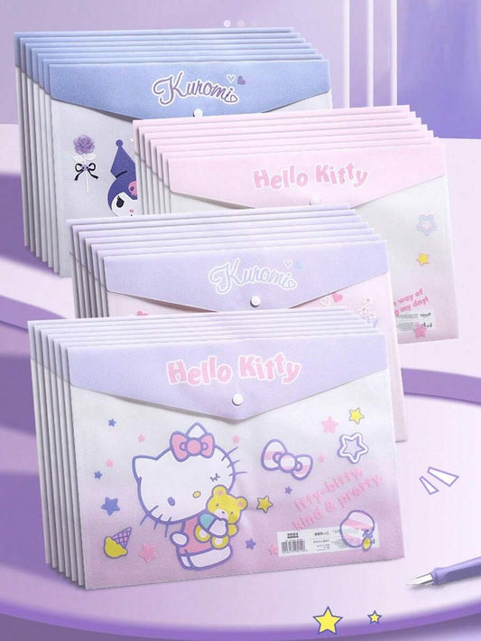 Borse portadocumenti A4 in plastica ABS rinforzata e impermeabile con anelli, con motivi di Hello Kitty, Kuromi, Cinnamoroll, My Melody, adatte per organizzare articoli di cartoleria e documenti
