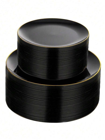 Un set di 25 vassoi da torta e dessert con cerchi in oro nero, inclusi vassoi laterali da 7,5" e 10,25" e vassoi di alta qualità per insalata di frutta, riutilizzabili e facili da pulire.