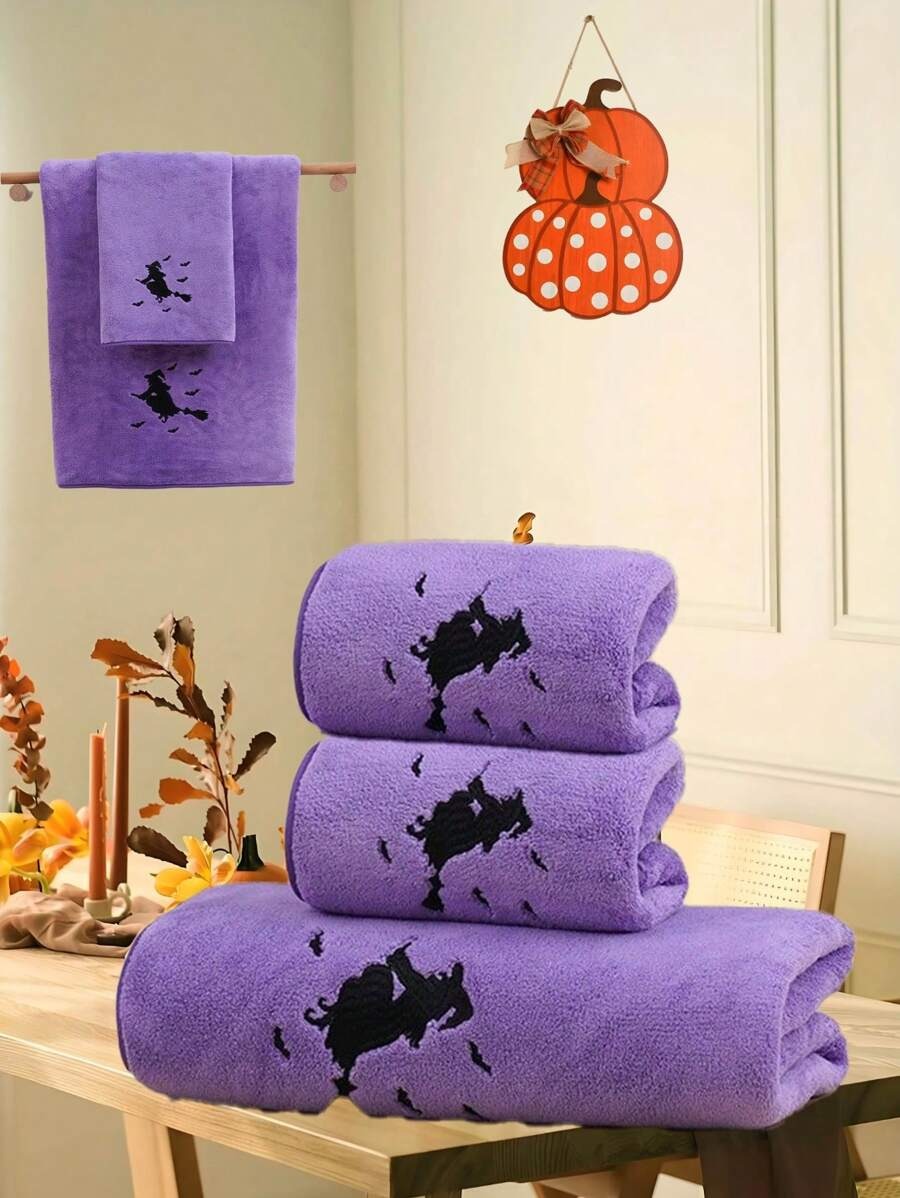 Asciugamano in pile di corallo con ricamo di ragazza magica o strega, decorazione per vacanze, assorbente e morbido, asciugamano da bagno/mano di ragazza magica, strega di Ognissanti, decorazione autunnale