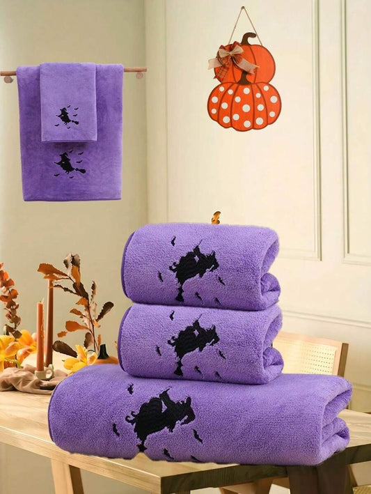 Asciugamano in pile di corallo con ricamo di ragazza magica o strega, decorazione per vacanze, assorbente e morbido, asciugamano da bagno/mano di ragazza magica, strega di Ognissanti, decorazione autunnale