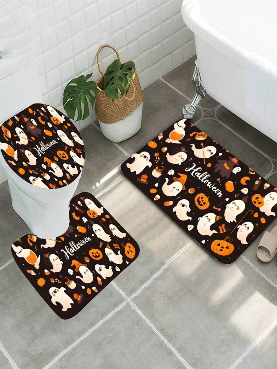 Set tappetino da bagno per Ognissanti - Tappetino da bagno assorbente antiscivolo, copri WC, tappetino sagomato a U, in tessuto lavorato a maglia, poliestere, decorazione da bagno