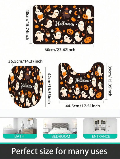 Set tappetino da bagno per Ognissanti - Tappetino da bagno assorbente antiscivolo, copri WC, tappetino sagomato a U, in tessuto lavorato a maglia, poliestere, decorazione da bagno