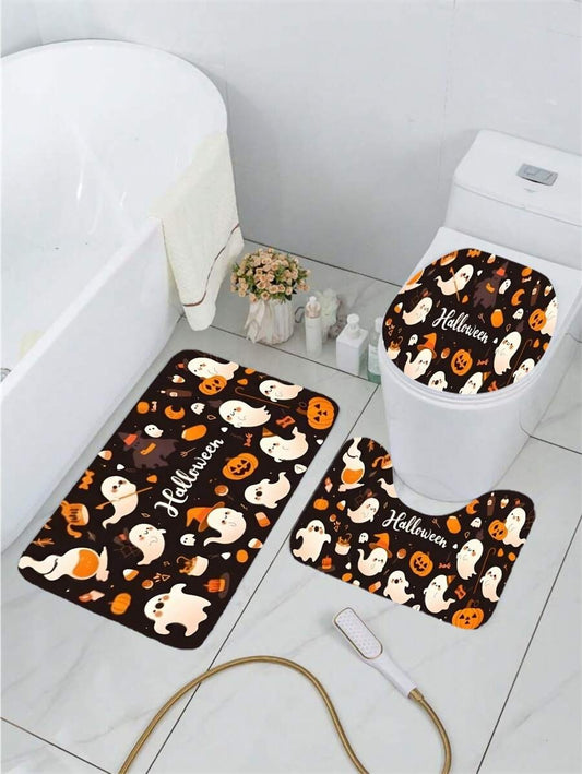 Set tappetino da bagno per Ognissanti - Tappetino da bagno assorbente antiscivolo, copri WC, tappetino sagomato a U, in tessuto lavorato a maglia, poliestere, decorazione da bagno