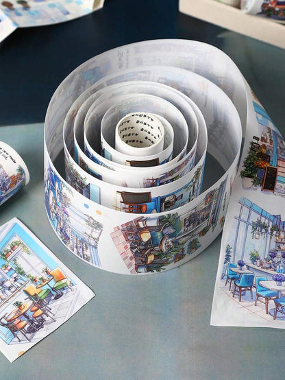 Rotolo di nastro di grandi dimensioni, serie "Incontro con il tempo lento", adesivi per scrapbooking a tema paesaggio urbano, adatti per decorare diari di studenti, per forniture scolastiche
