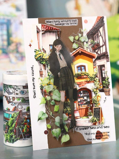 Rotolo di nastro di grandi dimensioni, serie "Incontro con il tempo lento", adesivi per scrapbooking a tema paesaggio urbano, adatti per decorare diari di studenti, per forniture scolastiche