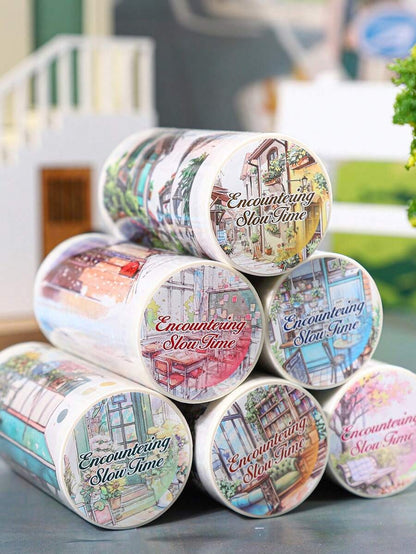 Rotolo di nastro di grandi dimensioni, serie "Incontro con il tempo lento", adesivi per scrapbooking a tema paesaggio urbano, adatti per decorare diari di studenti, per forniture scolastiche