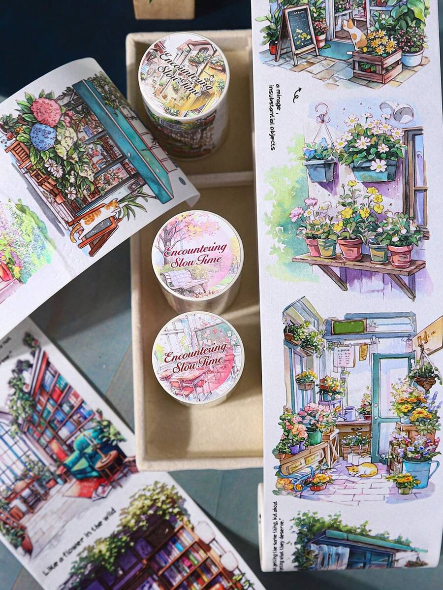 Rotolo di nastro di grandi dimensioni, serie "Incontro con il tempo lento", adesivi per scrapbooking a tema paesaggio urbano, adatti per decorare diari di studenti, per forniture scolastiche
