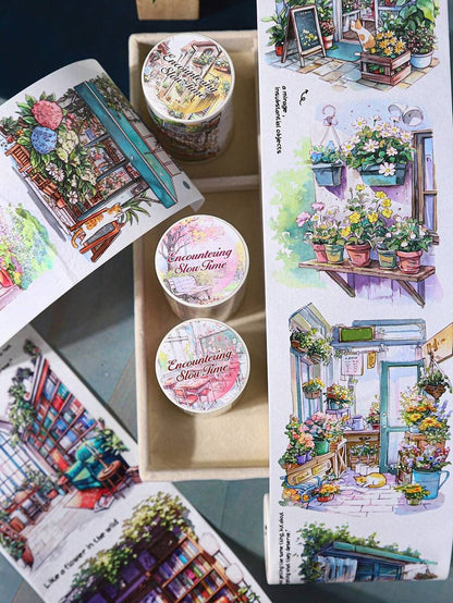 Rotolo di nastro di grandi dimensioni, serie "Incontro con il tempo lento", adesivi per scrapbooking a tema paesaggio urbano, adatti per decorare diari di studenti, per forniture scolastiche