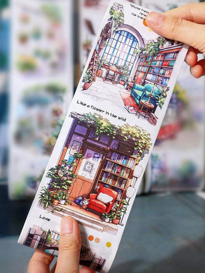 Rotolo di nastro di grandi dimensioni, serie "Incontro con il tempo lento", adesivi per scrapbooking a tema paesaggio urbano, adatti per decorare diari di studenti, per forniture scolastiche