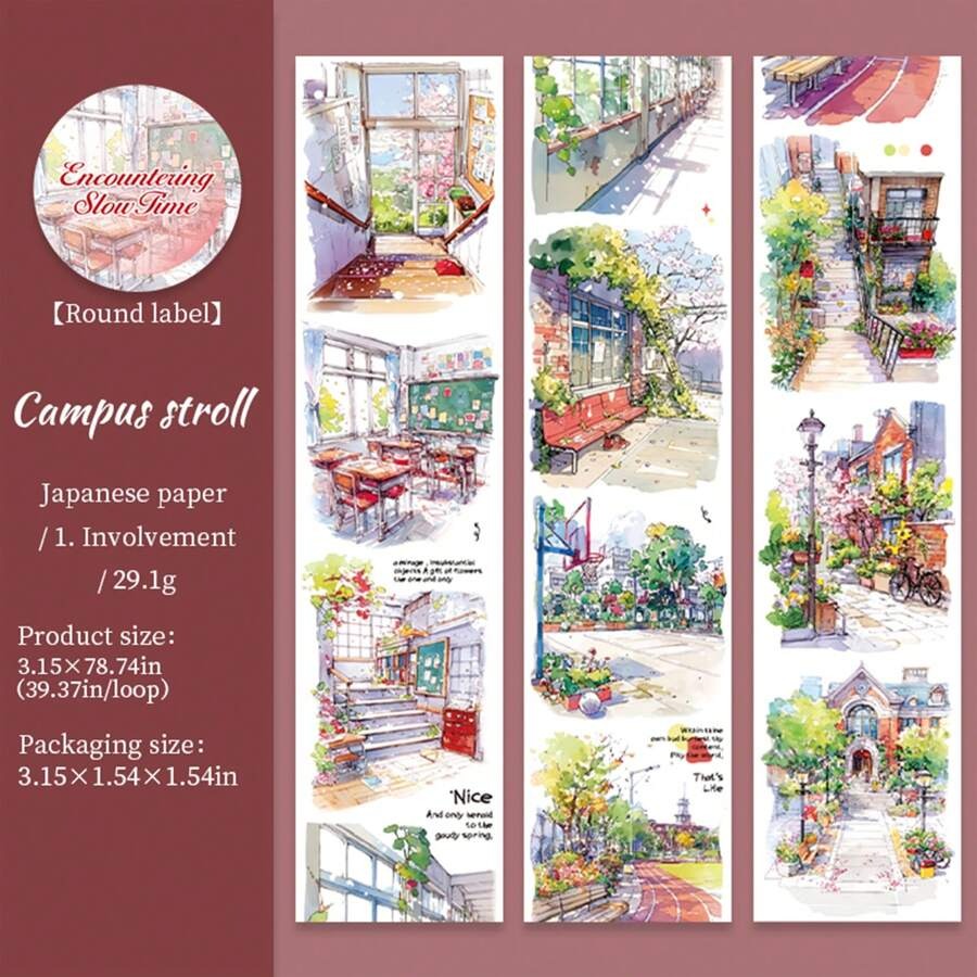 Rotolo di nastro di grandi dimensioni, serie "Incontro con il tempo lento", adesivi per scrapbooking a tema paesaggio urbano, adatti per decorare diari di studenti, per forniture scolastiche