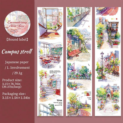 Rotolo di nastro di grandi dimensioni, serie "Incontro con il tempo lento", adesivi per scrapbooking a tema paesaggio urbano, adatti per decorare diari di studenti, per forniture scolastiche