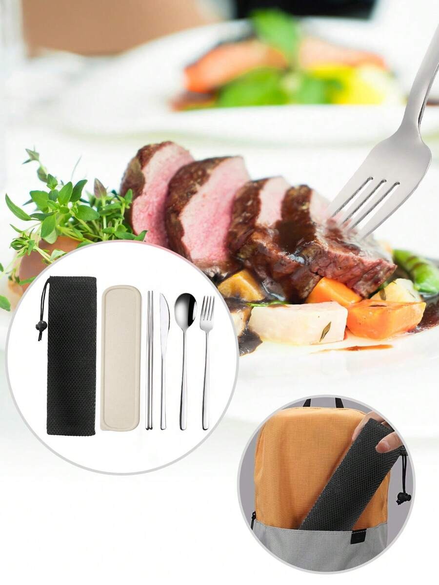 Set di posate da viaggio, set di posate da viaggio con custodia, set di posate portatile, in acciaio inossidabile 18/8 riutilizzabile, include forchetta, cucchiaio, bacchette con custodia, per cucina occidentale, cucina, pranzo al sacco, ufficio, picnic