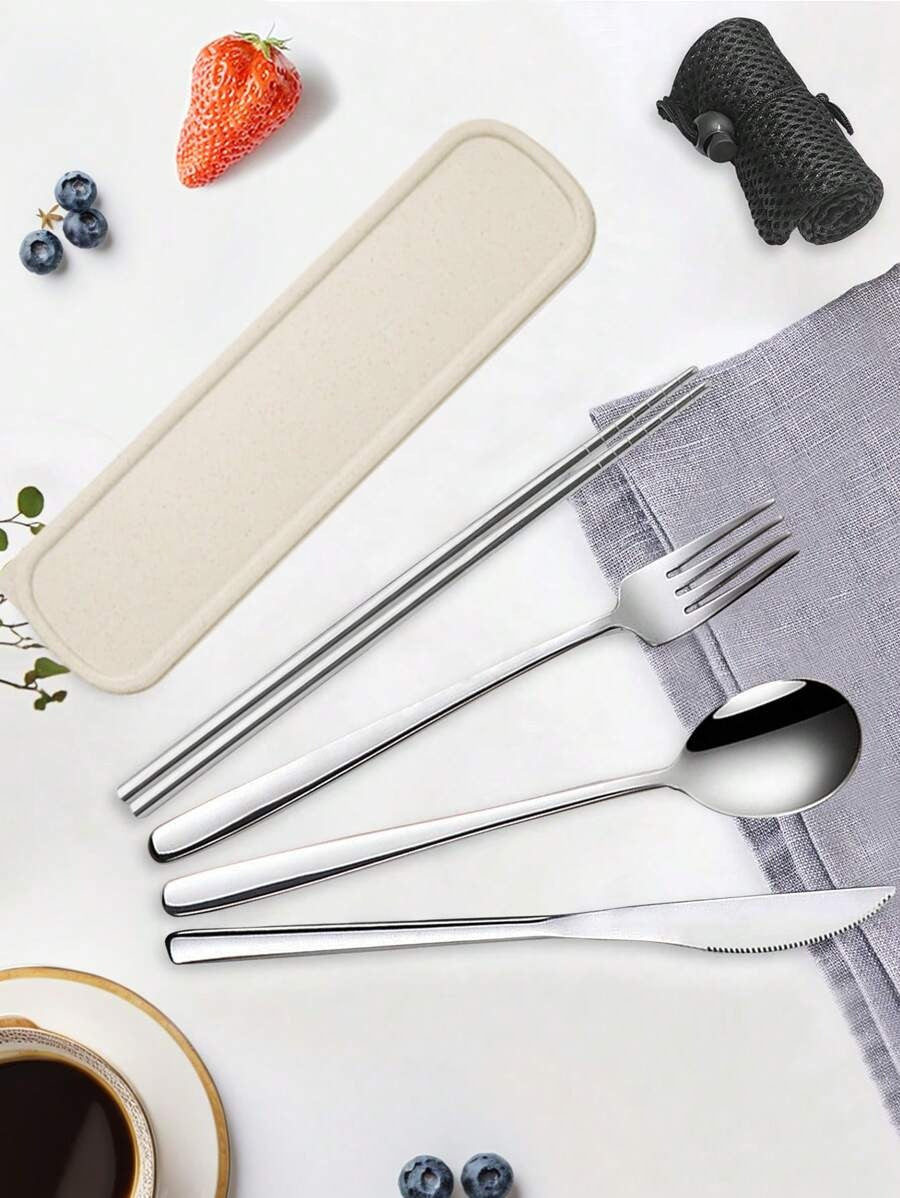 Set di posate da viaggio, set di posate da viaggio con custodia, set di posate portatile, in acciaio inossidabile 18/8 riutilizzabile, include forchetta, cucchiaio, bacchette con custodia, per cucina occidentale, cucina, pranzo al sacco, ufficio, picnic