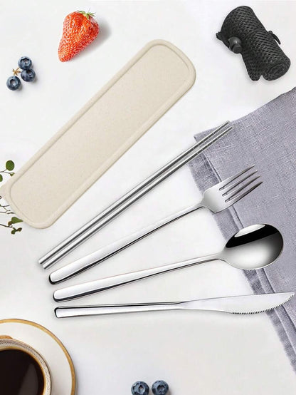 Set di posate da viaggio, set di posate da viaggio con custodia, set di posate portatile, in acciaio inossidabile 18/8 riutilizzabile, include forchetta, cucchiaio, bacchette con custodia, per cucina occidentale, cucina, pranzo al sacco, ufficio, picnic