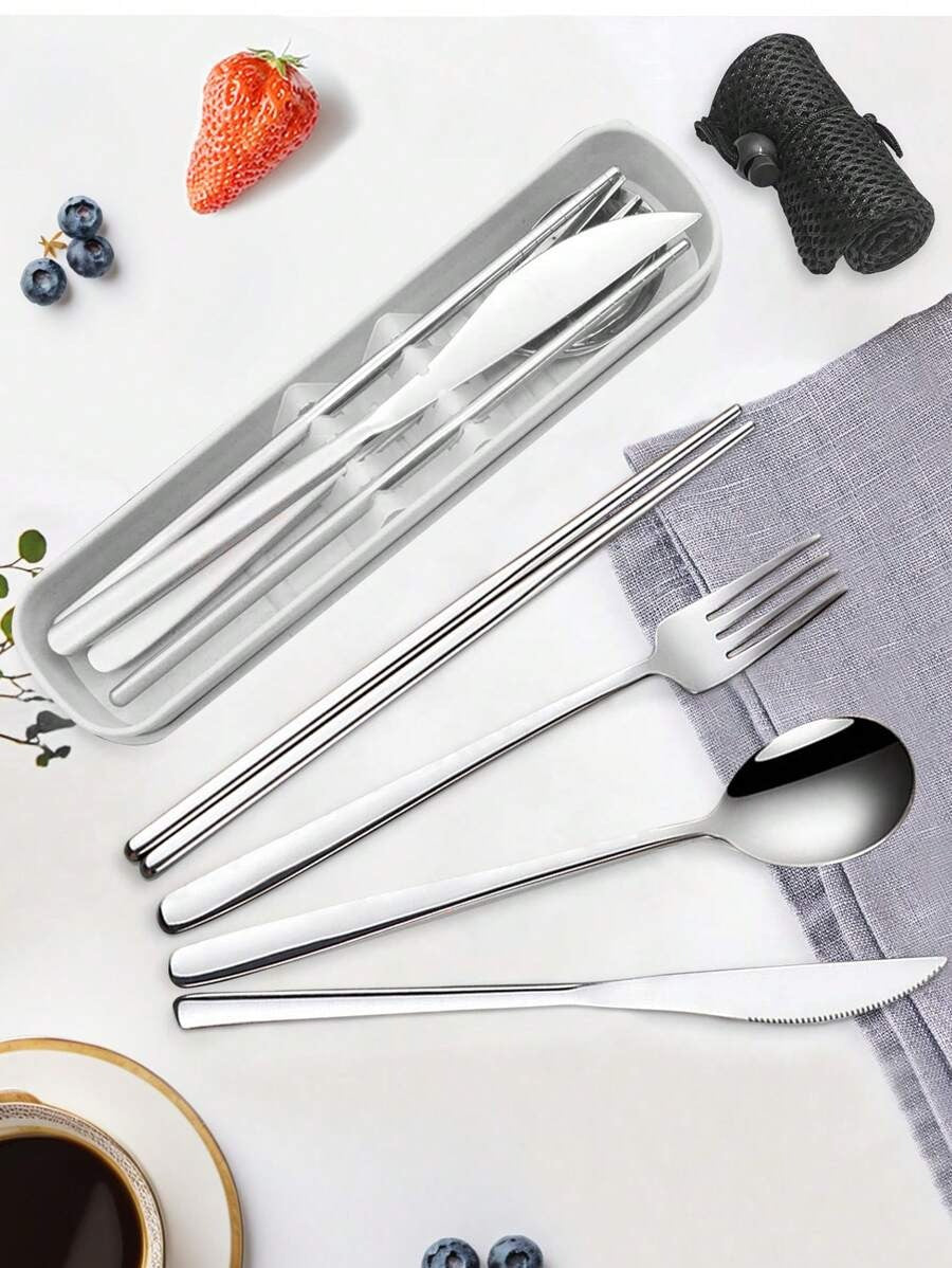 Set di posate da viaggio, set di posate da viaggio con custodia, set di posate portatile, in acciaio inossidabile 18/8 riutilizzabile, include forchetta, cucchiaio, bacchette con custodia, per cucina occidentale, cucina, pranzo al sacco, ufficio, picnic