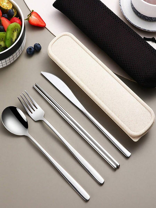 Set di posate da viaggio, set di posate da viaggio con custodia, set di posate portatile, in acciaio inossidabile 18/8 riutilizzabile, include forchetta, cucchiaio, bacchette con custodia, per cucina occidentale, cucina, pranzo al sacco, ufficio, picnic