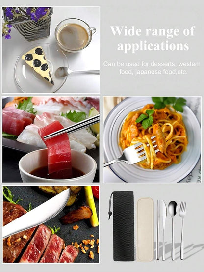 Set di posate da viaggio, set di posate da viaggio con custodia, set di posate portatile, in acciaio inossidabile 18/8 riutilizzabile, include forchetta, cucchiaio, bacchette con custodia, per cucina occidentale, cucina, pranzo al sacco, ufficio, picnic