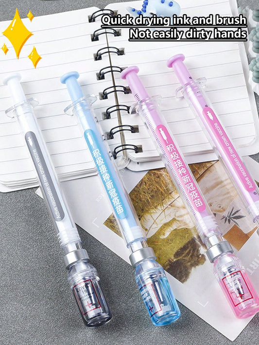 Siringa con penna neutra per simulare l'eliminazione del virus, design di siringa con penna nera e penna per vaccino distribuiti casualmente