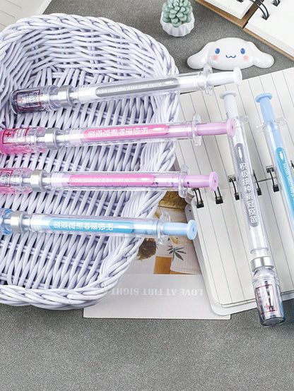Siringa con penna neutra per simulare l'eliminazione del virus, design di siringa con penna nera e penna per vaccino distribuiti casualmente