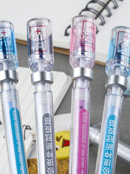 Siringa con penna neutra per simulare l'eliminazione del virus, design di siringa con penna nera e penna per vaccino distribuiti casualmente