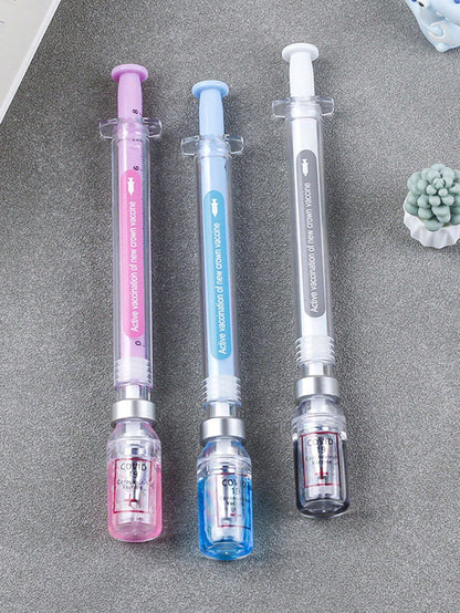 Siringa con penna neutra per simulare l'eliminazione del virus, design di siringa con penna nera e penna per vaccino distribuiti casualmente