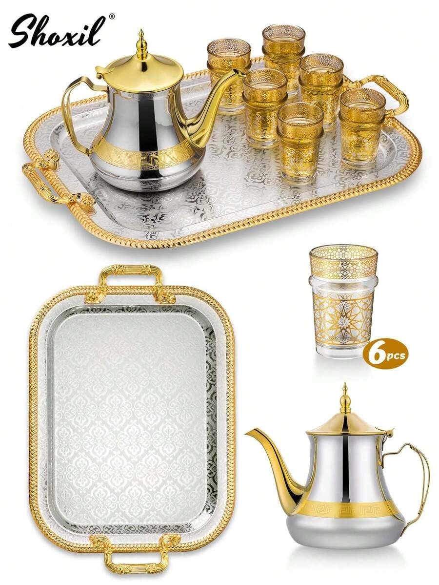Teiera in acciaio inossidabile da 1,4 L stile arabo e set da 6 tazze + vassoio dorato a metà - Teiera marocchina per servire il tradizionale tè Gahwa