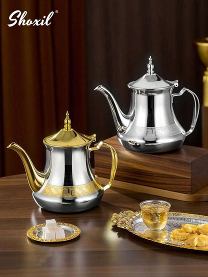 Teiera in acciaio inossidabile da 1,4 L stile arabo e set da 6 tazze + vassoio dorato a metà - Teiera marocchina per servire il tradizionale tè Gahwa
