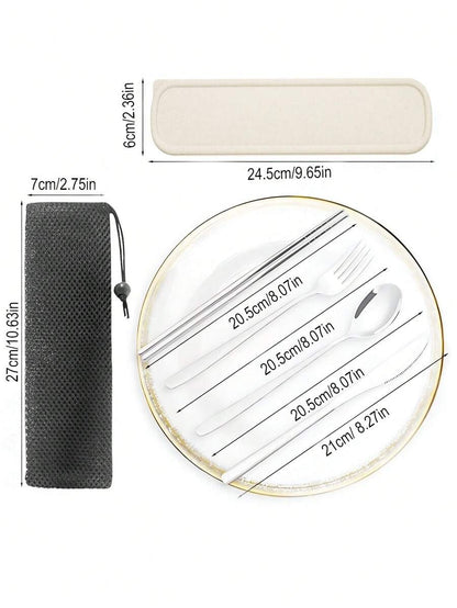 Set di posate da viaggio, set di posate da viaggio con custodia, set di posate portatile, in acciaio inossidabile 18/8 riutilizzabile, include forchetta, cucchiaio, bacchette con custodia, per cucina occidentale, cucina, pranzo al sacco, ufficio, picnic