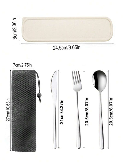 Set di posate da viaggio, set di posate da viaggio con custodia, set di posate portatile, in acciaio inossidabile 18/8 riutilizzabile, include forchetta, cucchiaio, bacchette con custodia, per cucina occidentale, cucina, pranzo al sacco, ufficio, picnic