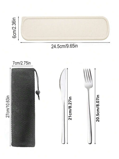 Set di posate da viaggio, set di posate da viaggio con custodia, set di posate portatile, in acciaio inossidabile 18/8 riutilizzabile, include forchetta, cucchiaio, bacchette con custodia, per cucina occidentale, cucina, pranzo al sacco, ufficio, picnic