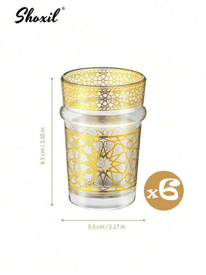 Teiera in acciaio inossidabile da 1,4 L stile arabo e set da 6 tazze + vassoio dorato a metà - Teiera marocchina per servire il tradizionale tè Gahwa