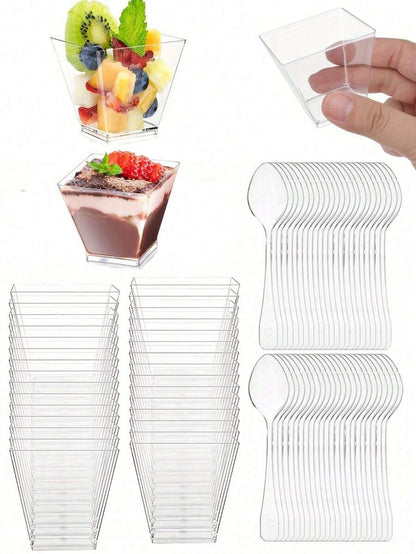 Coppette per dessert con cucchiaini, piccole tazze di plastica trasparente inclinate, coppette rotonde per mousse, per budini, mousse, gelatine, feste, adatte per torte gelato, decorazione dolci