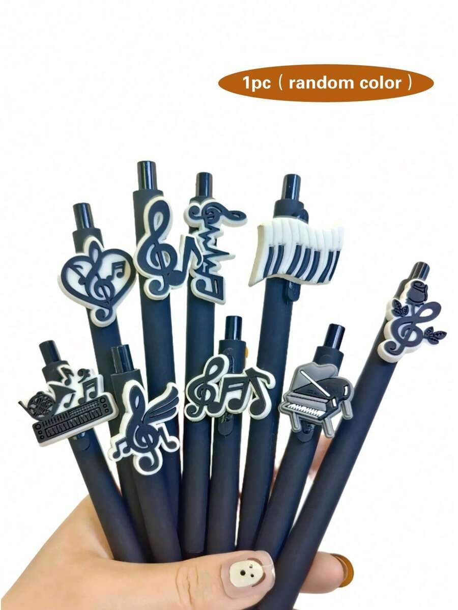Penne a sfera retrattili della serie Note Musicali, punta media, fusto in plastica nera con adesivi in PVC morbido a tema musicale casuale, forniture scolastiche, per il ritorno a scuola
