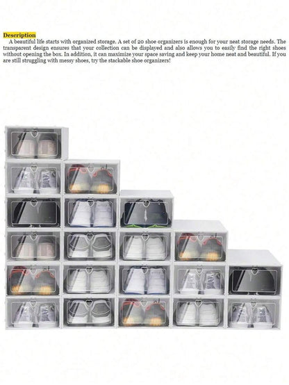 12 pezzi Scatole di stoccaggio per scarpe in plastica trasparente, pieghevoli, con coperchio a ribalta, per sotto il letto, a prova di umidità e polvere
