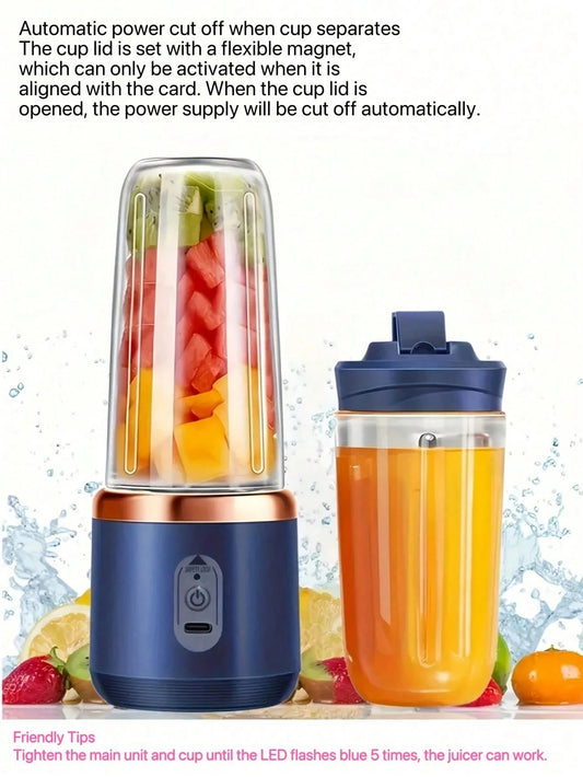Frullatore portatile 2-in-1; Estrattore di succo con design a doppia tazza, lame in acciaio inossidabile, ricaricabile tramite USB