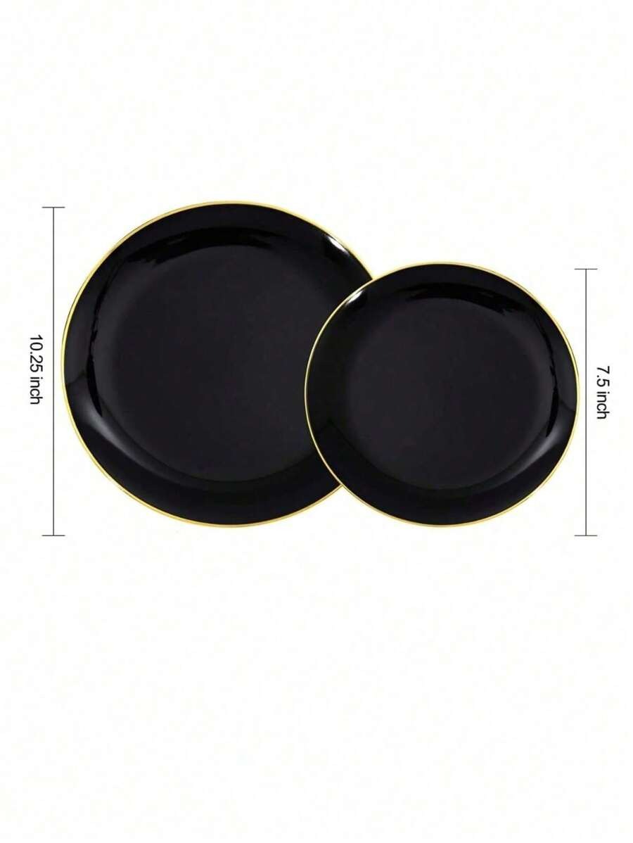 Un set di 25 vassoi da torta e dessert con cerchi in oro nero, inclusi vassoi laterali da 7,5" e 10,25" e vassoi di alta qualità per insalata di frutta, riutilizzabili e facili da pulire.