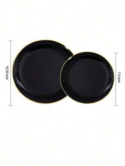 Un set di 25 vassoi da torta e dessert con cerchi in oro nero, inclusi vassoi laterali da 7,5" e 10,25" e vassoi di alta qualità per insalata di frutta, riutilizzabili e facili da pulire.