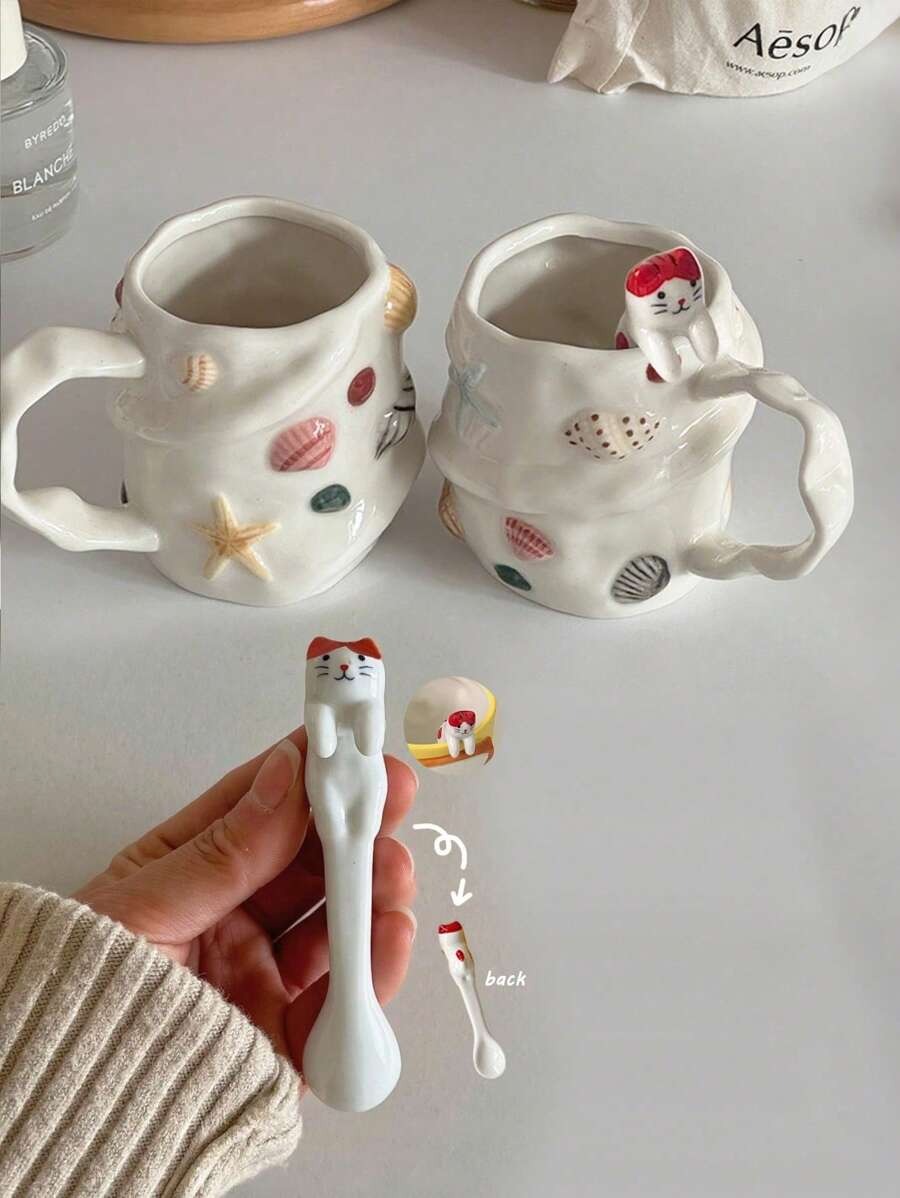 Tazza da caffè in ceramica con motivo a conchiglia in rilievo, tazza da tè in ceramica dipinta a mano, tazza d'acqua carina e di nicchia, tazza per latte art, tazza regalo femminile, bicchiere vintage 3D dipinto a mano