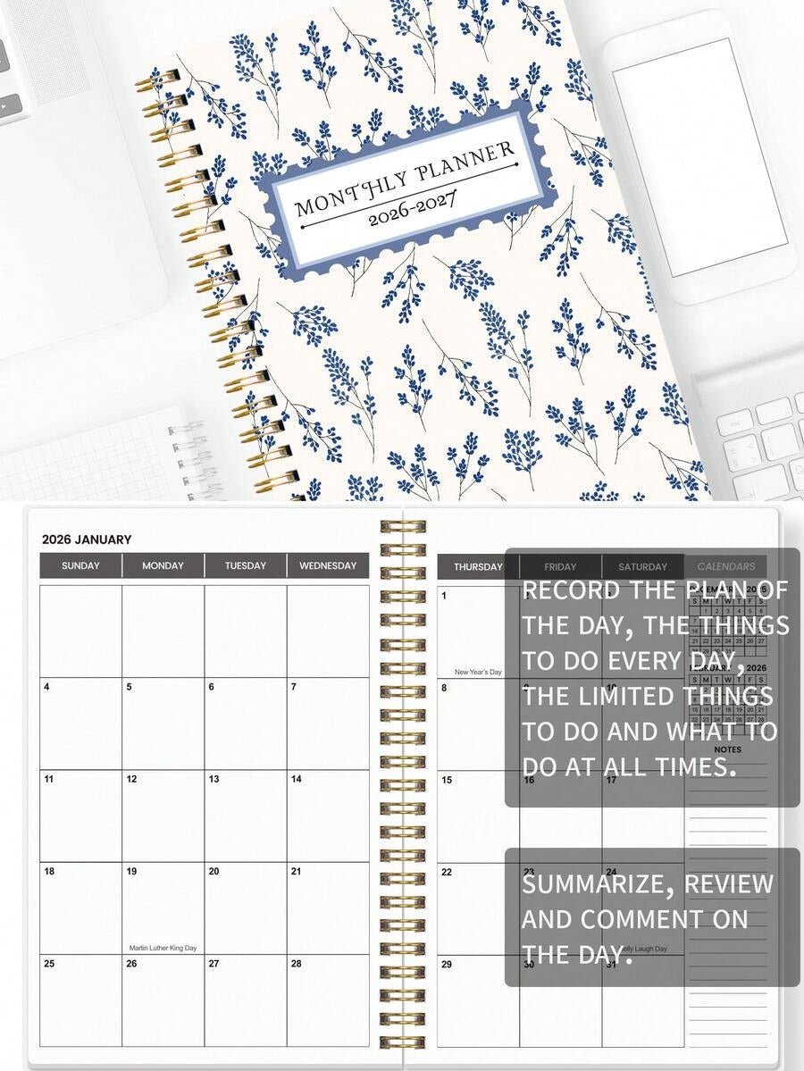 Agenda mensile 2026-2027, quaderno a spirale minimalista con griglia mensile e note, ottimo per pianificatore di studio, programma giornaliero, produttività, budgeting e regalo per ufficio