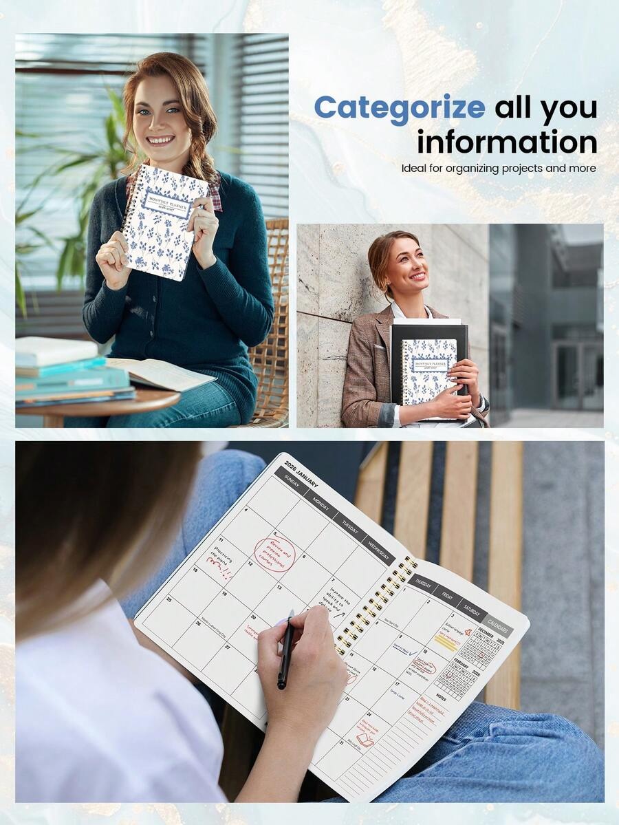 Agenda mensile 2026-2027, quaderno a spirale minimalista con griglia mensile e note, ottimo per pianificatore di studio, programma giornaliero, produttività, budgeting e regalo per ufficio