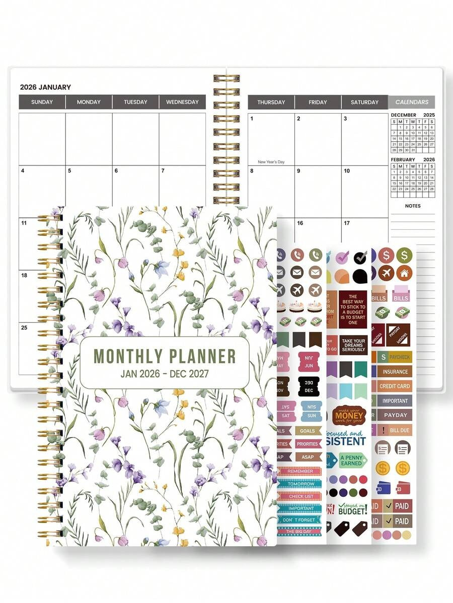 Agenda mensile 2026-2027, quaderno a spirale minimalista con griglia mensile e note, ottimo per pianificatore di studio, programma giornaliero, produttività, budgeting e regalo per ufficio