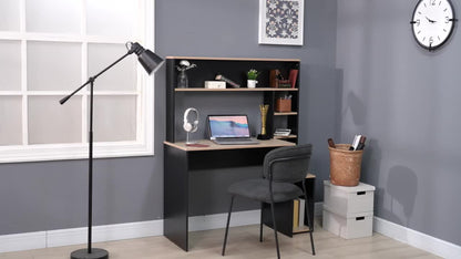 Scrivania per Ufficio e Studio con 3 Ripiani, Scrivania in Legno con Supporto per CPU, 114x45x138cm, Grigio e Legno Naturale