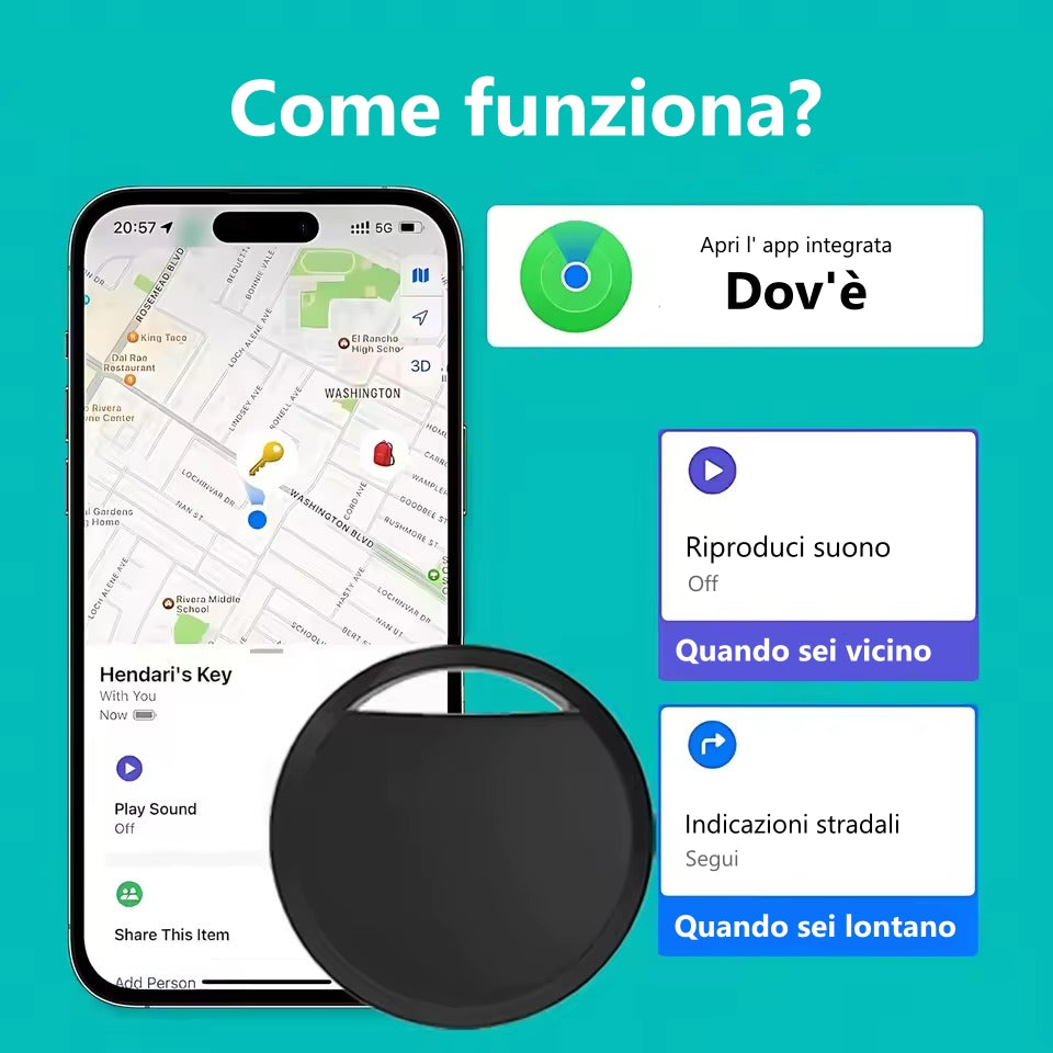 Ciondolo GPS tracker per Apple. Funziona come un airtag per iPhone, Mac, iPad