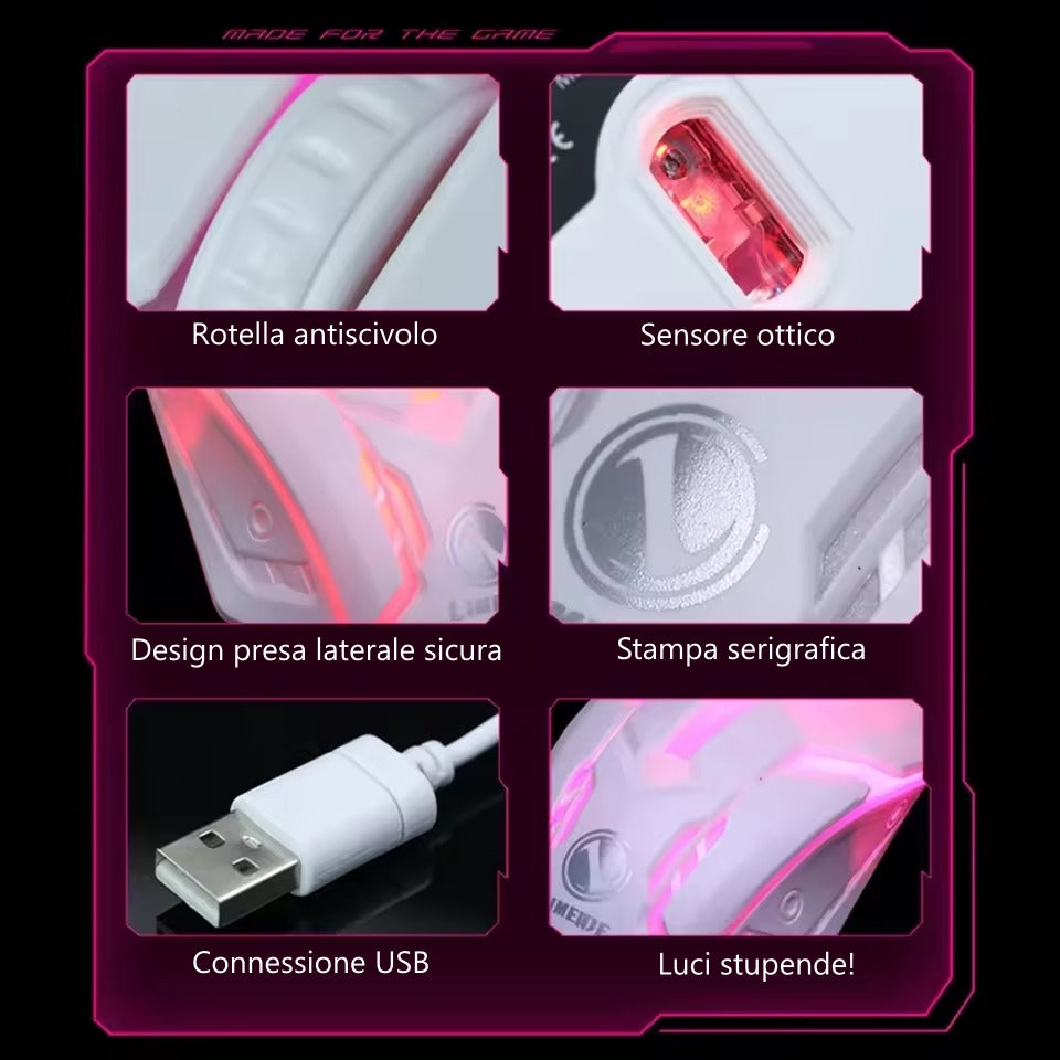 LIMEDE Mouse da gaming retroilluminato con cavo USB per laptop, computer, ufficio