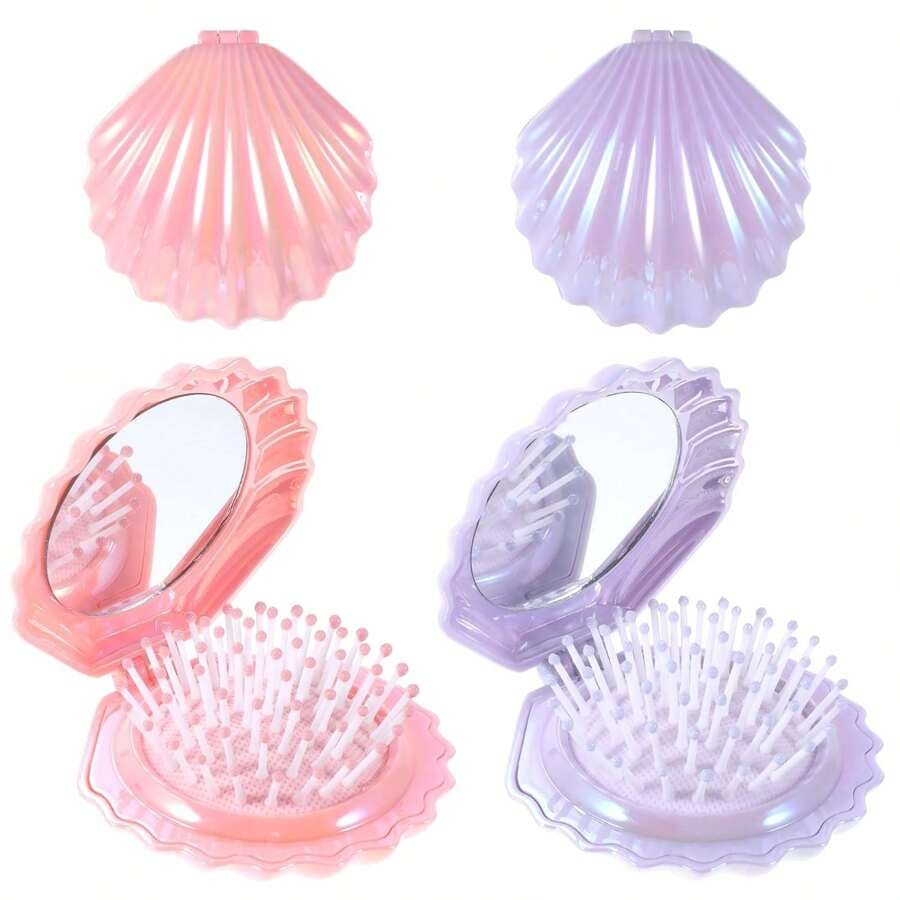 Spazzole per capelli da viaggio pieghevoli con finitura metallica e brillantezza, con specchio, a forma di conchiglia, portatili, compatte, mini, con funzione massaggiante, adatte per uomo e donna